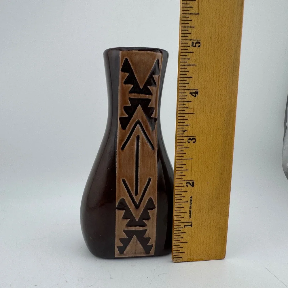 Sioux Pottery Brown Ceramic Bud Vase Hand Etched Irene Signed